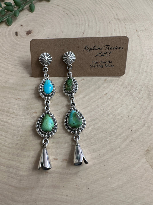 Handmade Sonoran Mountain Turquoise and Sterling Silver Blossom Dangle Earrings