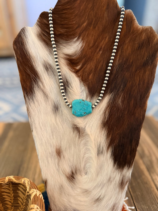 Handcrafted Kingman Turquoise & Sterling Silver Pearl 18” Beaded Necklace