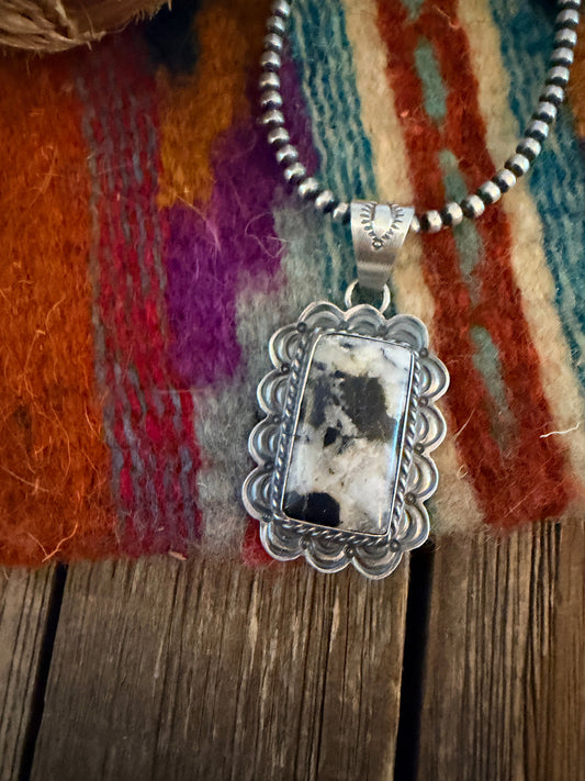 Handcrafted Sterling Silver & White Buffalo Pendant by David Skeets