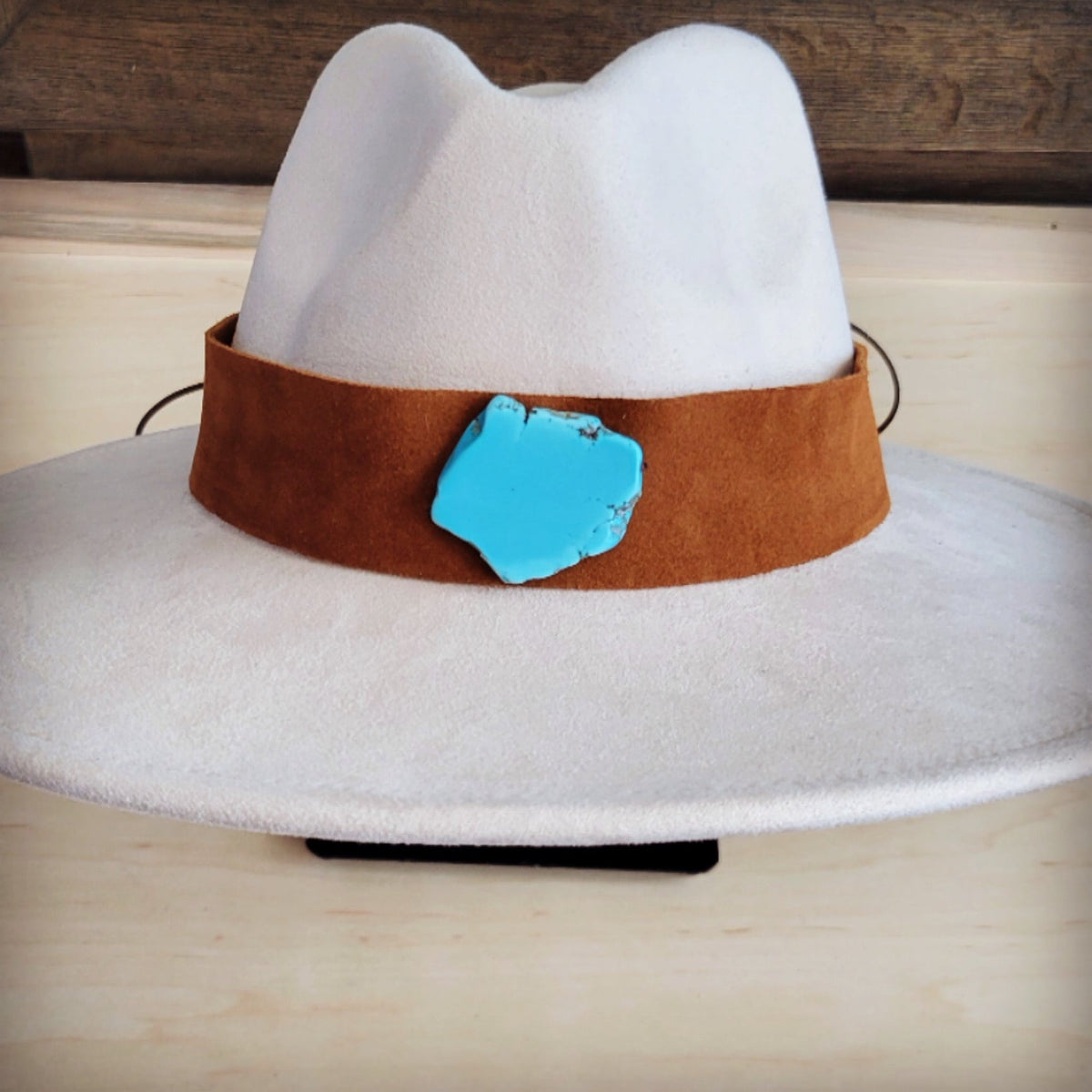 **Wide Genuine Leather Tan Suede Hat Band w/ Turq 953r