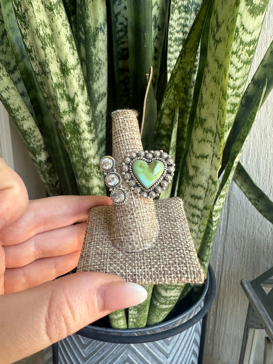 Beautiful Handmade Sonoran Mountain Turquoise, CZ And Sterling Silver Adjustable Heart Ring