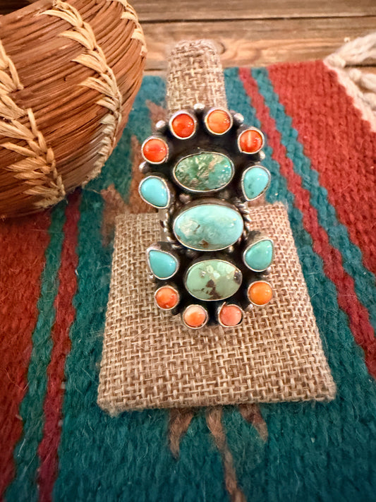 Handcrafted Spiny Oyster, Turquoise & Sterling Silver Cluster Ring by Sheila Becenti Size 9.5