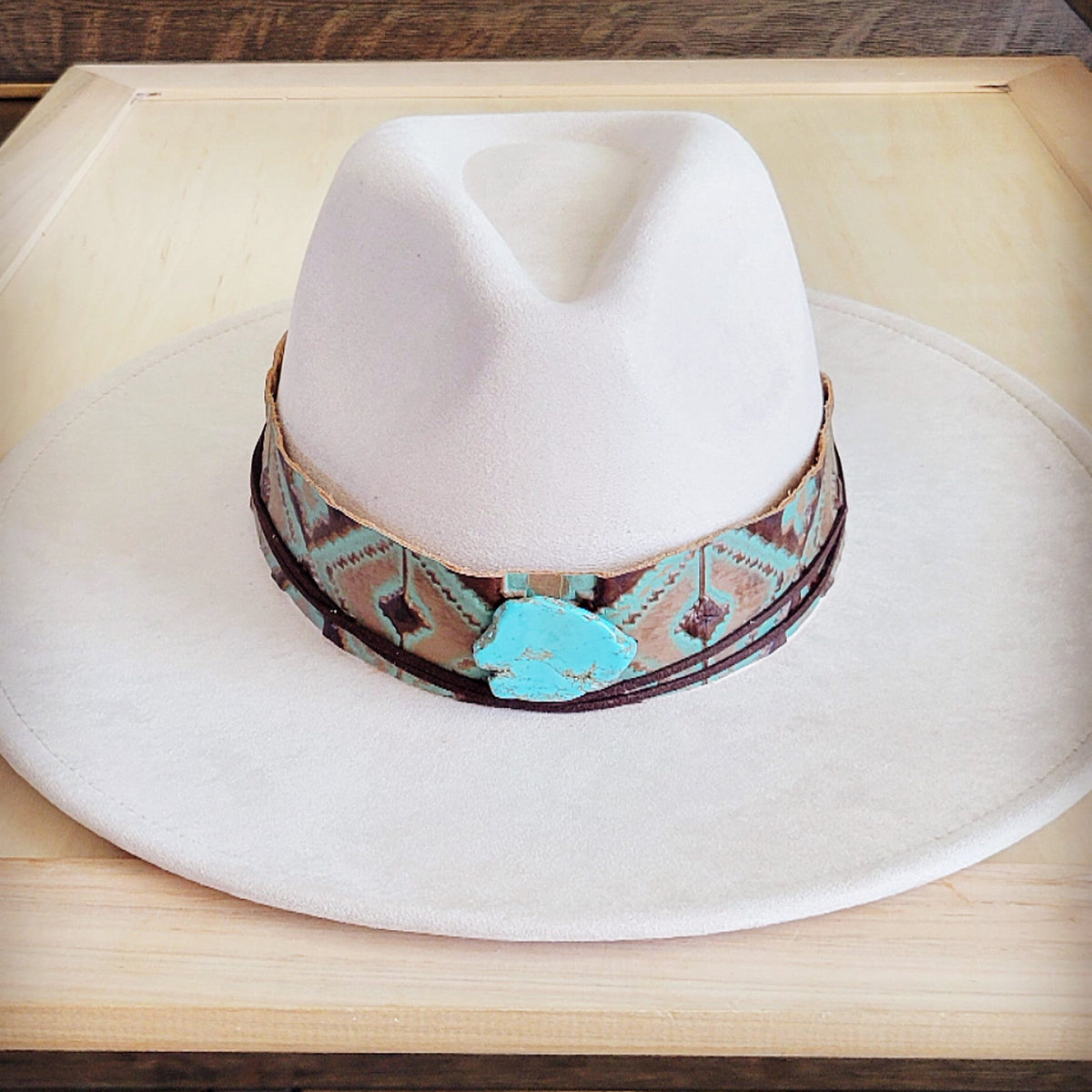 **Wide Genuine Leather Turquoise Navajo Hat Band w/ Turq 953i