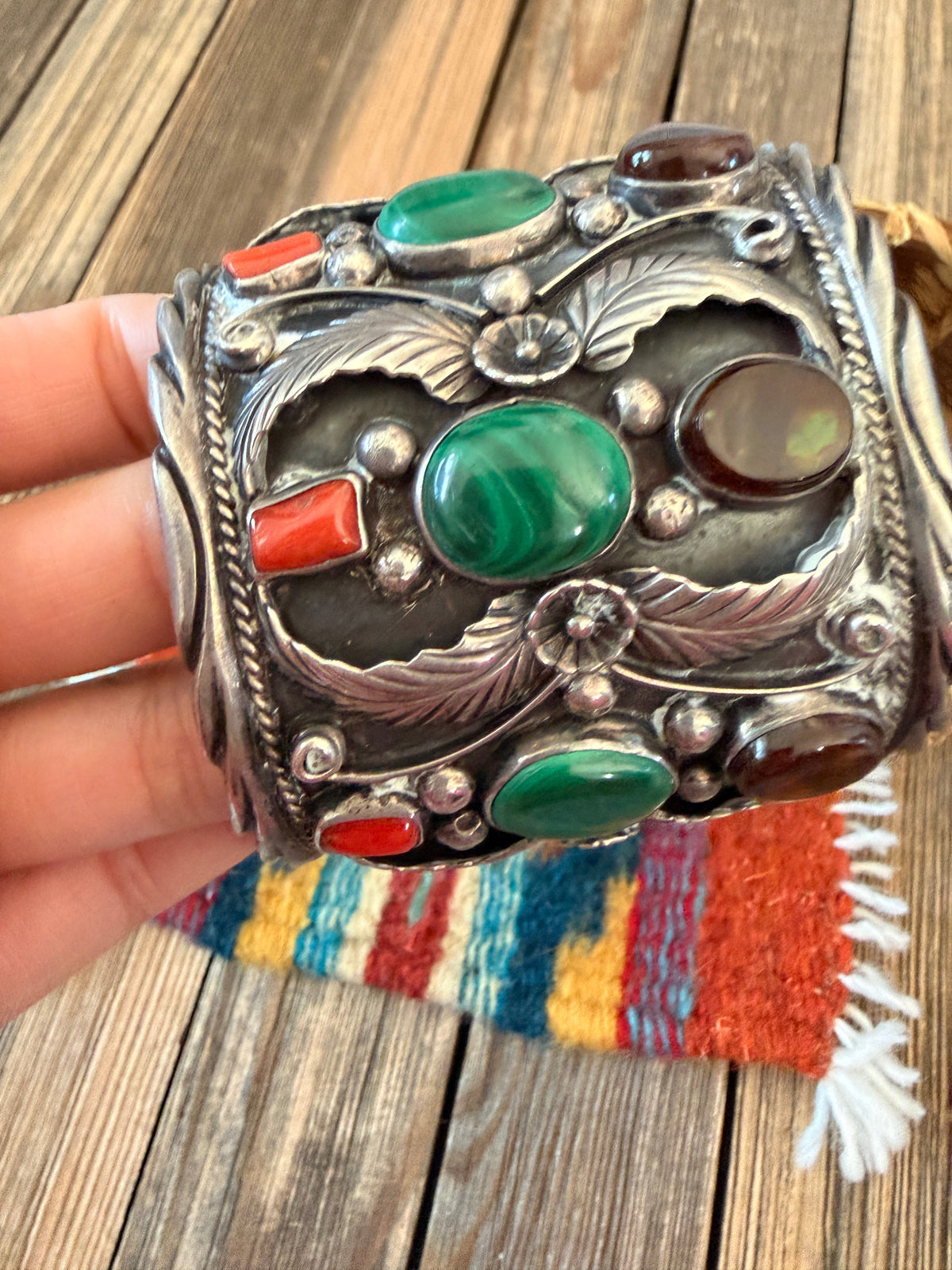 Handcrafted Old Pawn Sterling Silver & Multi Stone Cuff Bracelet
