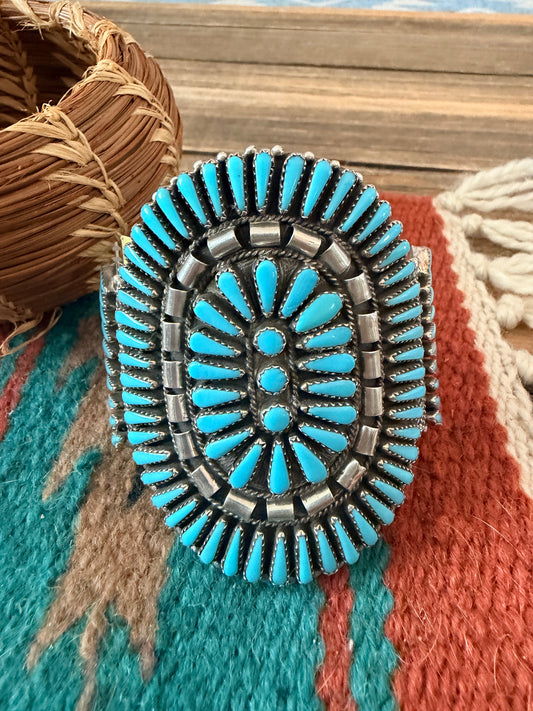 Handcrafted Old Pawn Sterling Silver & Turquoise Cluster Cuff Bracelet