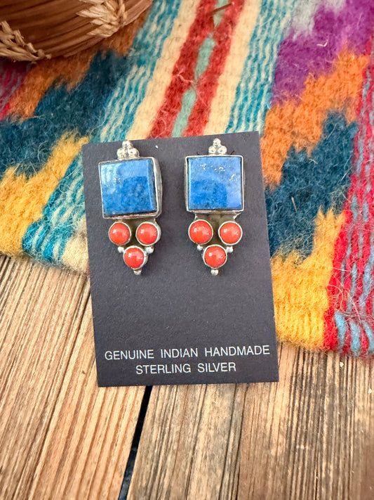 Handcrafted Lapis, Coral & Sterling Silver Dangle Earrings