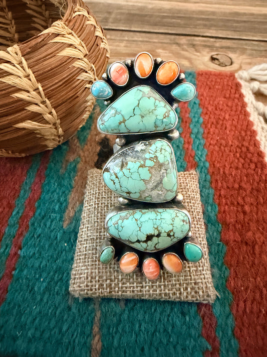 Handcrafted Spiny Oyster, Turquoise & Sterling Silver Cluster Ring by Sheila Becenti Size 10