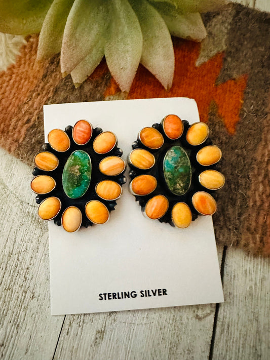 Handcrafted Sterling Silver, Orange Spiny & Turquoise Cluster Earrings