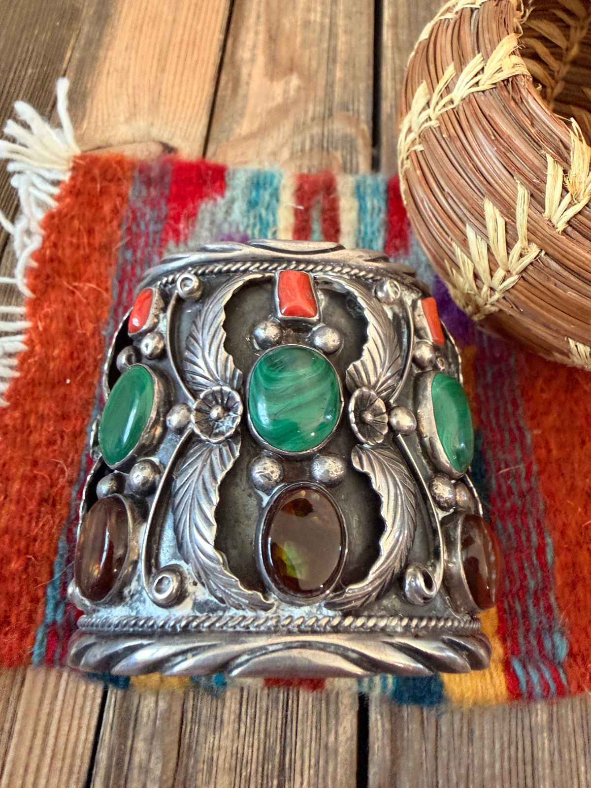 Handcrafted Old Pawn Sterling Silver & Multi Stone Cuff Bracelet
