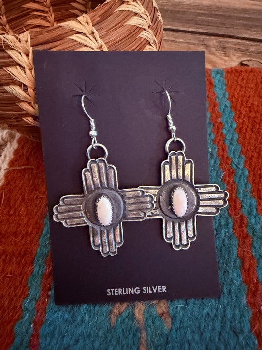 Handcrafted Queen Pink Conch & Sterling Silver Zia Cross Dangle Earrings by Kevin Billah