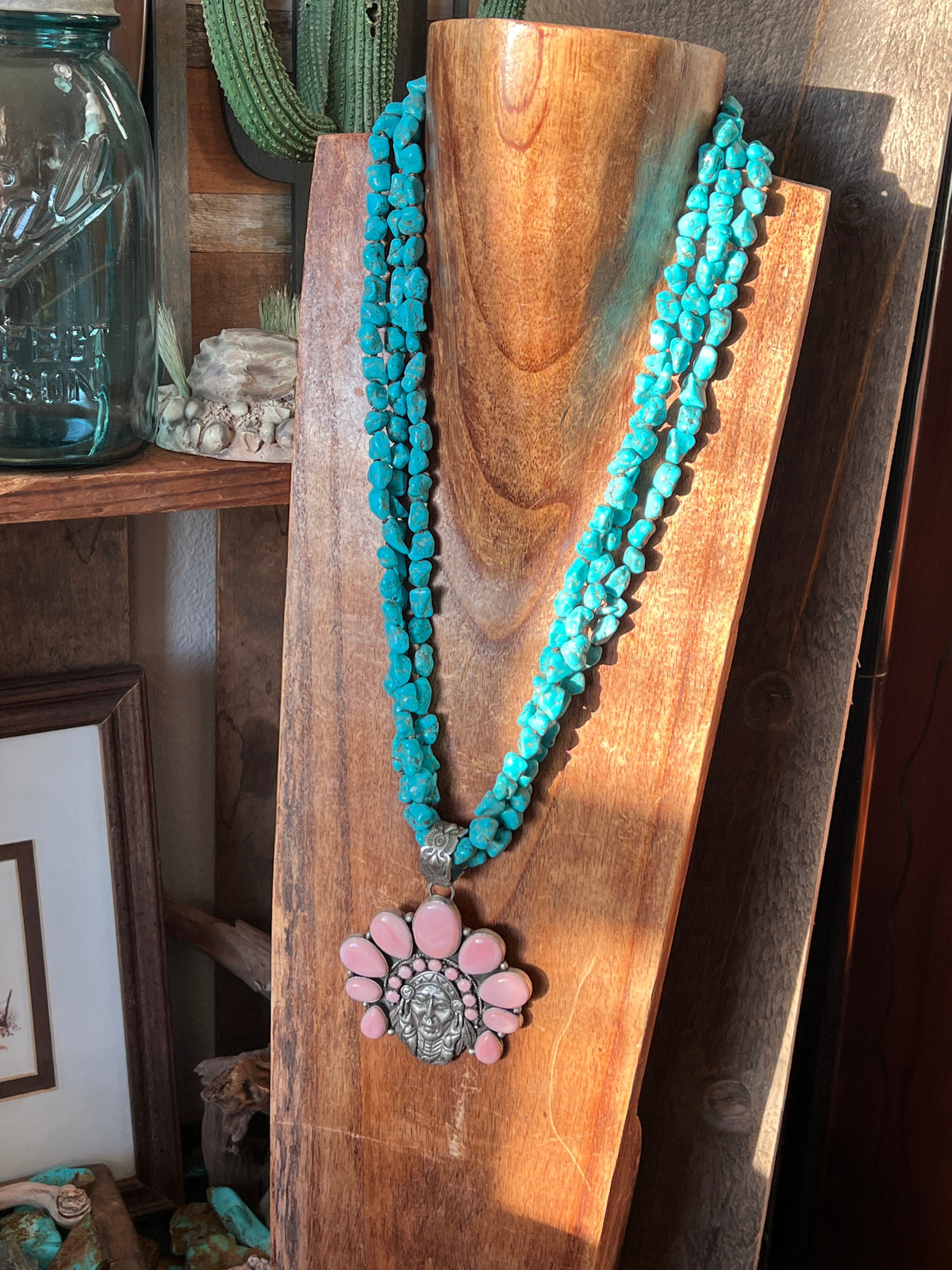 Handcrafted Sterling Silver Pink Conch Chief and Triple Strand Turquoise Nugget Bead Necklace by Patrick Yazzie