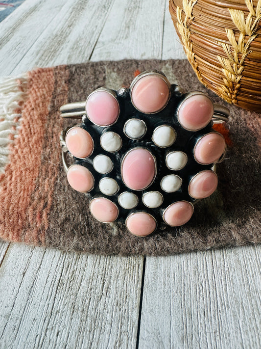 Handcrafted Queen Pink Conch, White Buffalo & Sterling Silver Cluster Cuff Bracelet