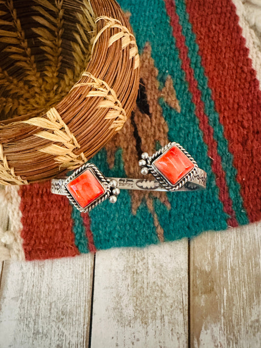 Handcrafted Orange Spiny & Sterling Silver Floating Cuff Bracelet /