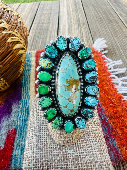 Handcrafted Kingman Turquoise & Sterling Silver Cluster Ring Size 8 by Blaine Yellowhorse