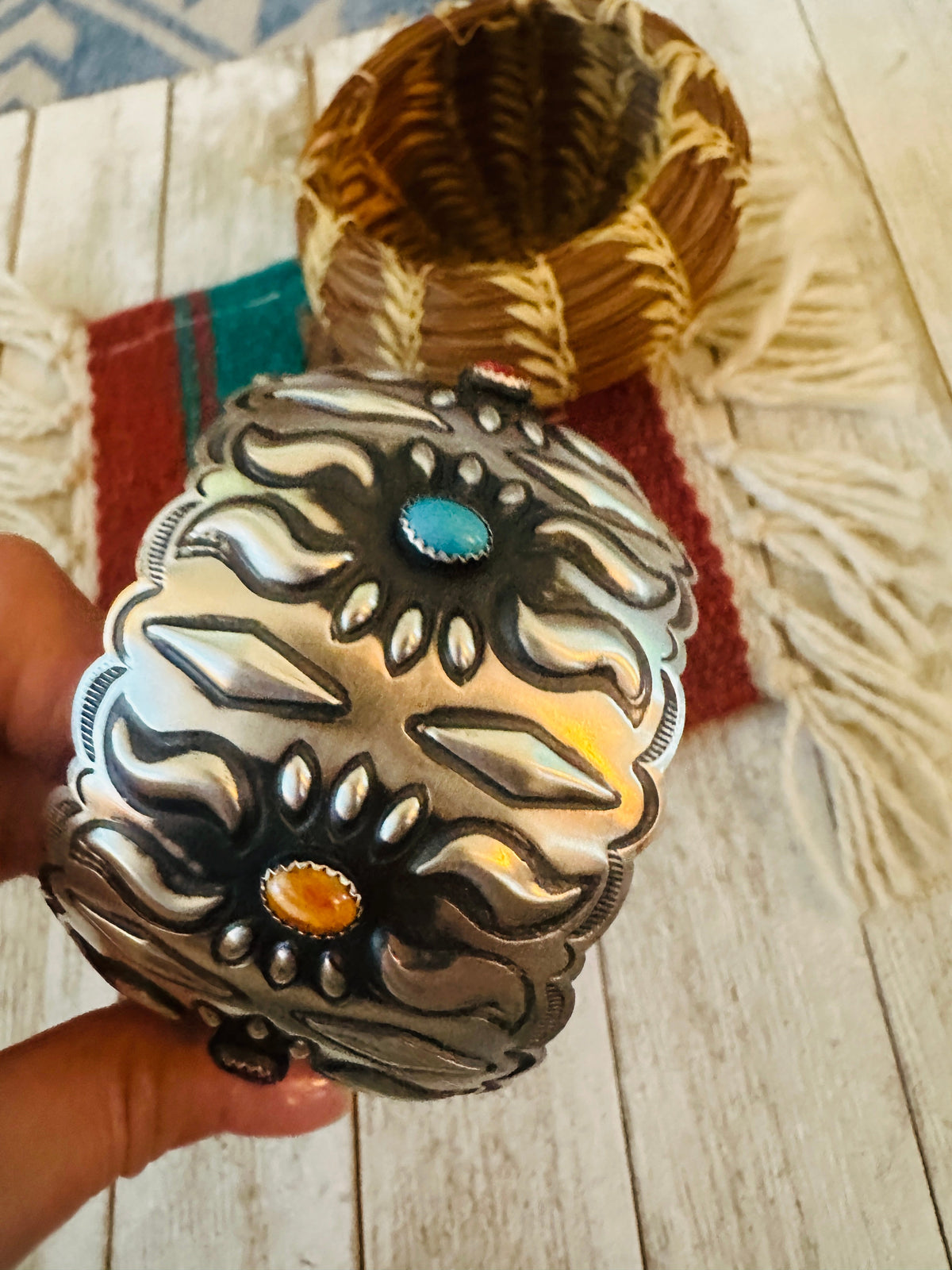Handcrafted Sterling Silver, Spiny & Turquoise Bangle Bracelet by Leander Tahe