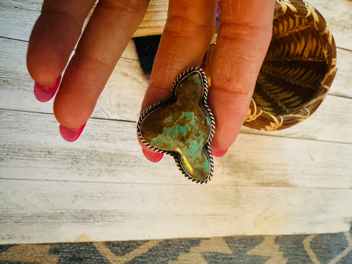 Handcrafted Royston Turquoise & Sterling Silver Bullhead Adjustable Ring by P. Yazzie