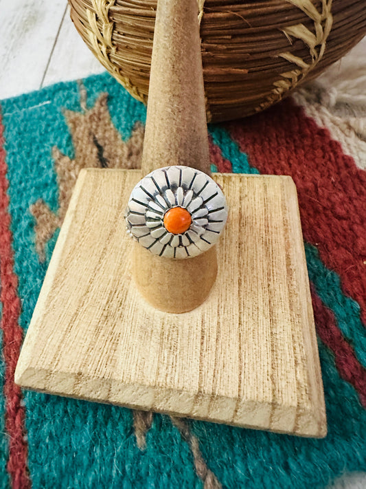 Handcrafted Sterling Silver & Orange Spiny Concho Adjustable Ring