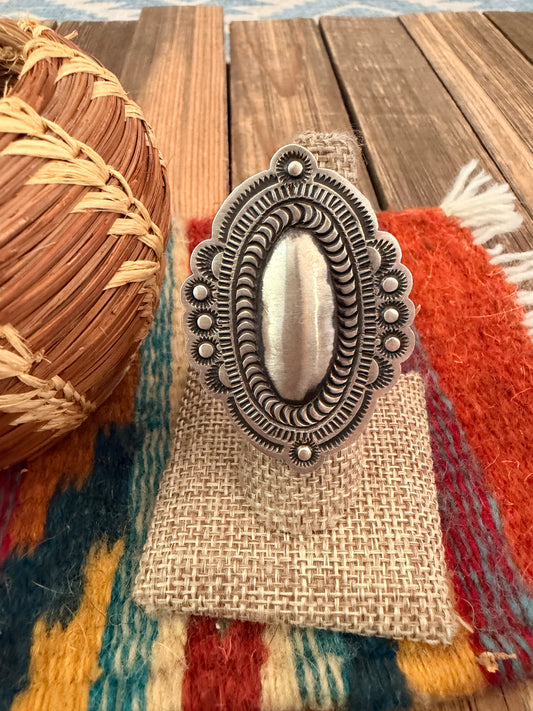 Handcrafted Sterling Silver Adjustable Concho Ring by Leander Tahe