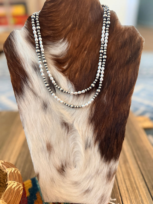 Handcrafted Mother of Pearl and Sterling Silver Pearl Beaded Necklace