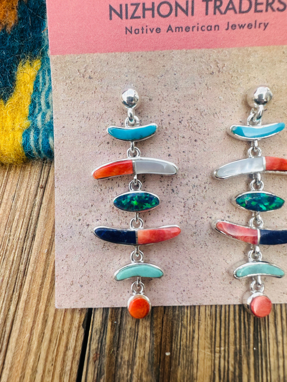 Handcrafted Multi Stone & Sterling Silver Chandelier Dangle Earrings by Valerie Yazzie
