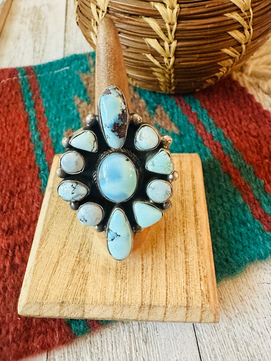 Handcrafted Golden Hills Turquoise & Sterling Silver Cluster Ring by Bobby Johnson, Size 7