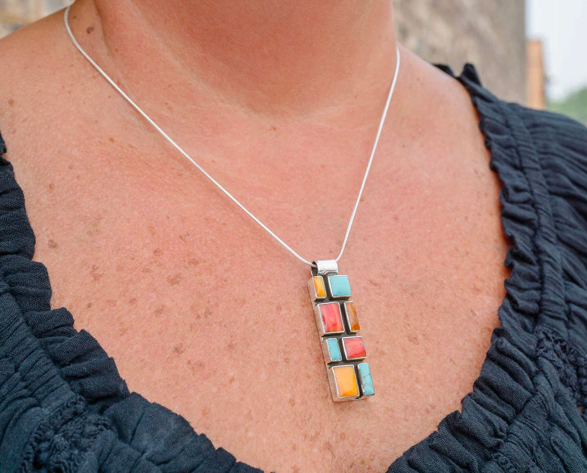 Multistone Slim Mosaic Sterling Silver Pendant Necklace