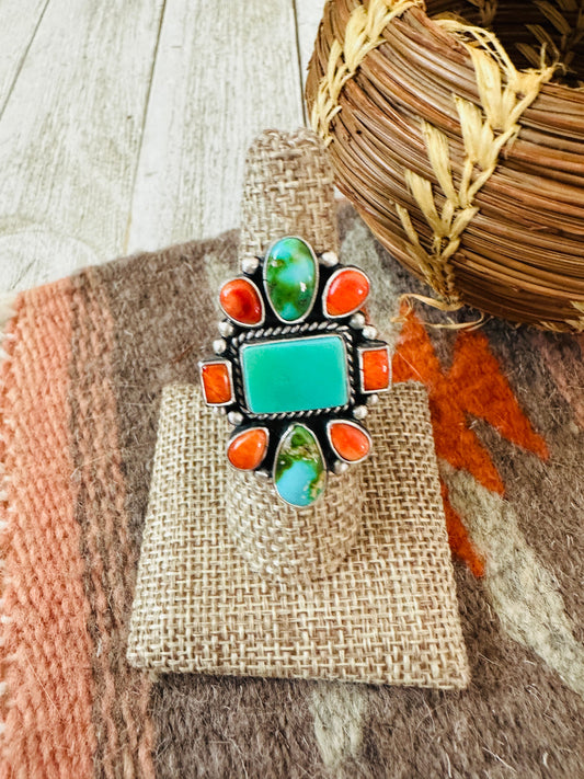 Handcrafted Sterling Silver, Turquoise & Spiny Oyster Ring by Bernyse Chavez and Angela Martin, Size 8