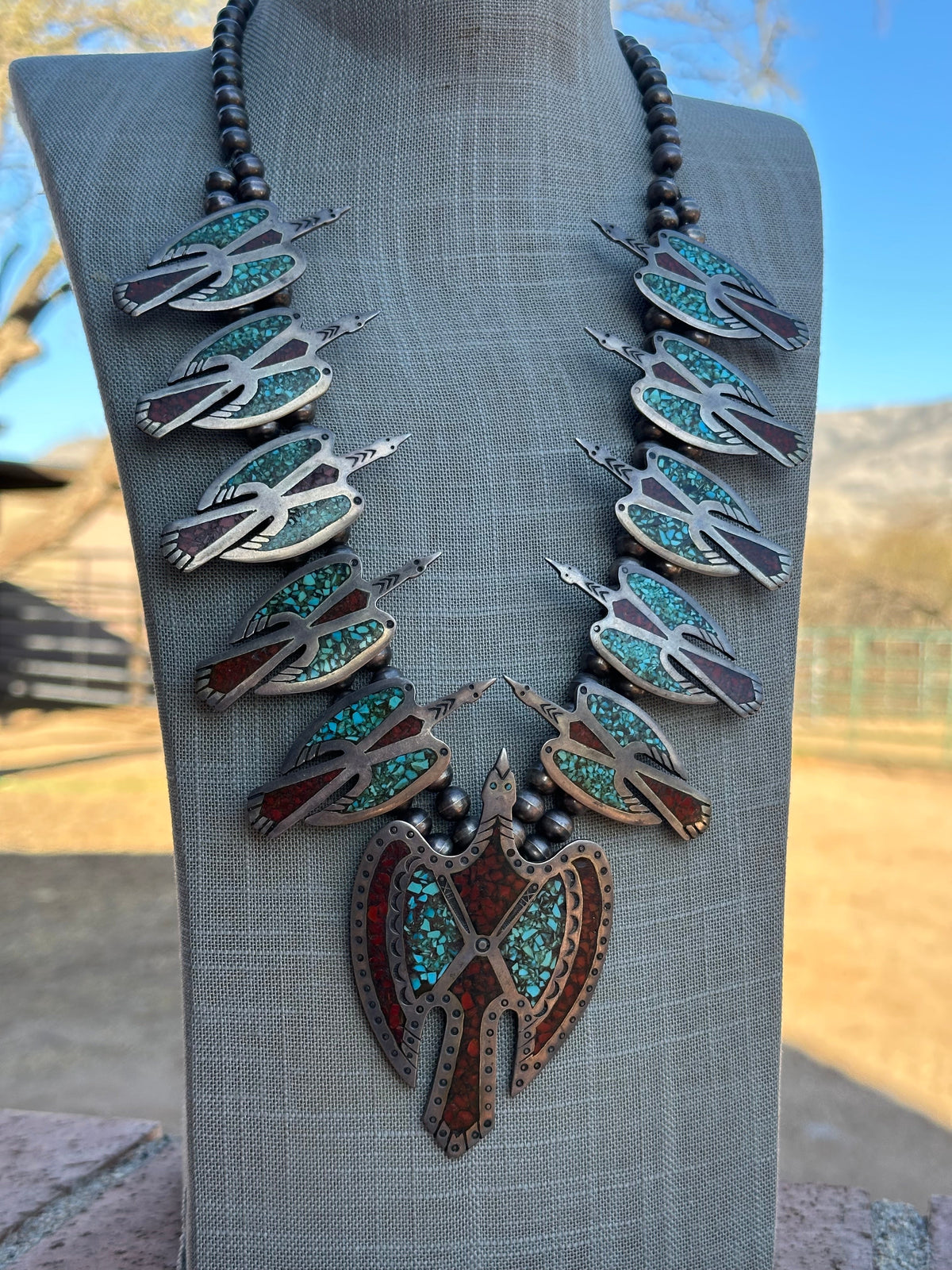 Estate Collection Old Pawn Handcrafted Turquoise & Coral Sterling Silver Chip Inlay Thunderbird Squash Blossom Necklace