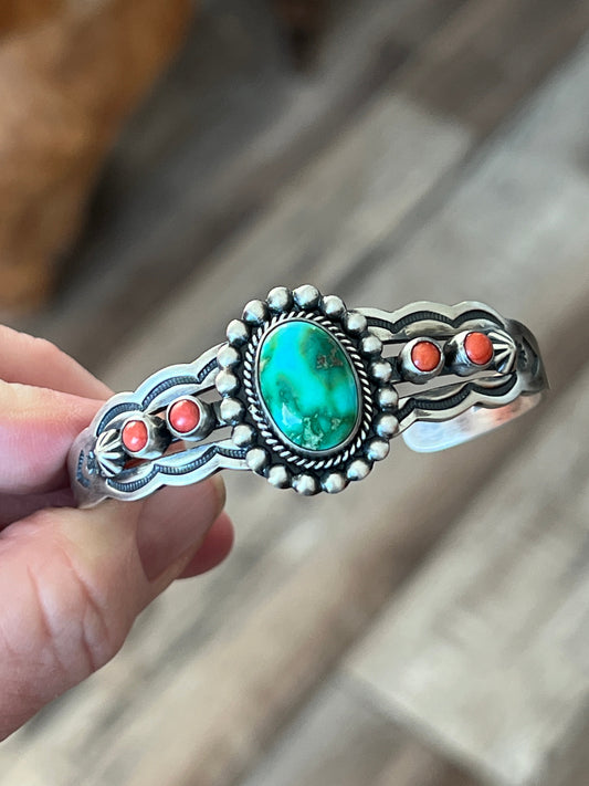 Handcrafted Sterling Silver, Sonoran Mountain Turquoise and Spiny Oyster Cuff Bracelet by Raymond Coriz