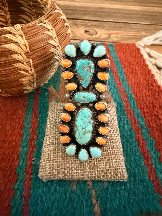 Handcrafted Spiny Oyster, Turquoise & Sterling Silver Cluster Ring by Sheila Becenti Size 7.5