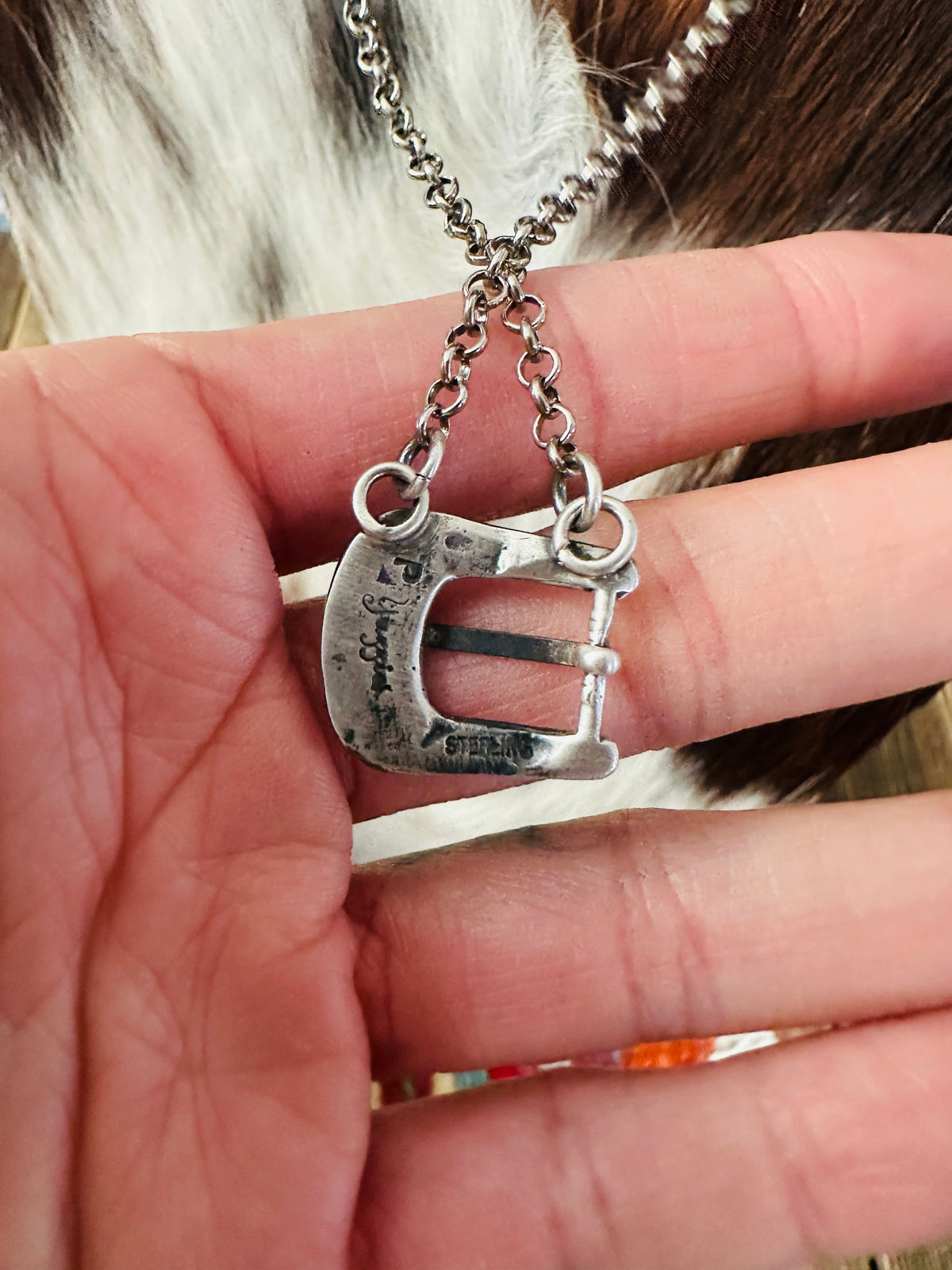 Handcrafted Sterling Silver Belt Buckle Necklace by Patrick Yazzie