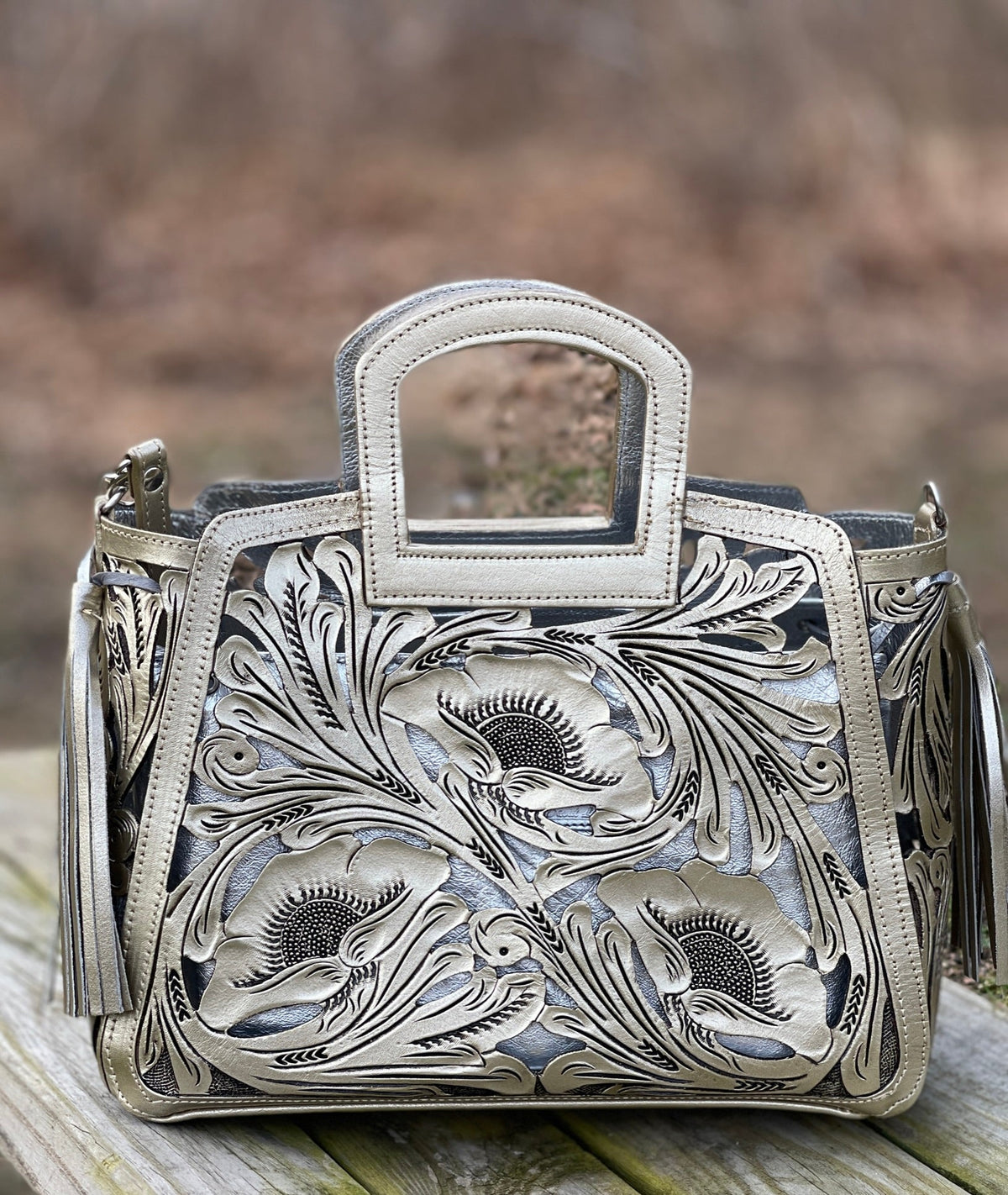 Hand tooled Cut-Out Tooling Leather Small Tote "NOTA FLORAL" by ALLE
