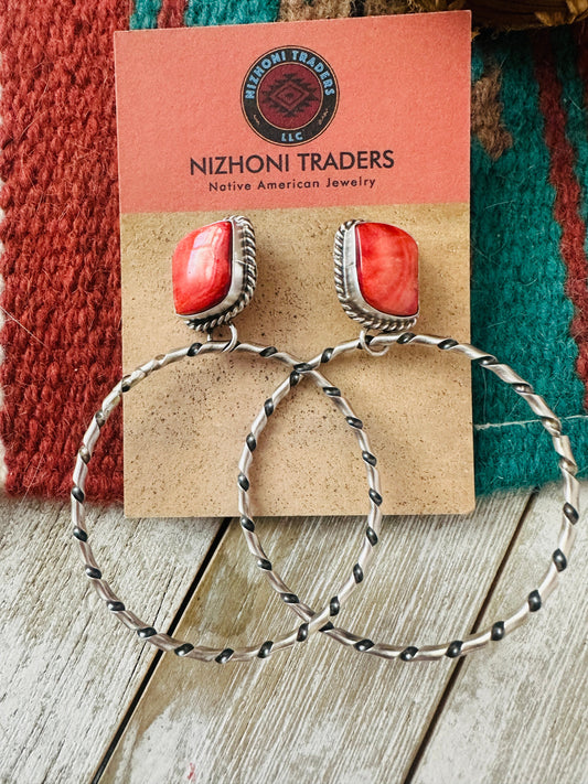 Handcrafted Orange Spiny and Sterling Silver Dangle Hoop Earrings