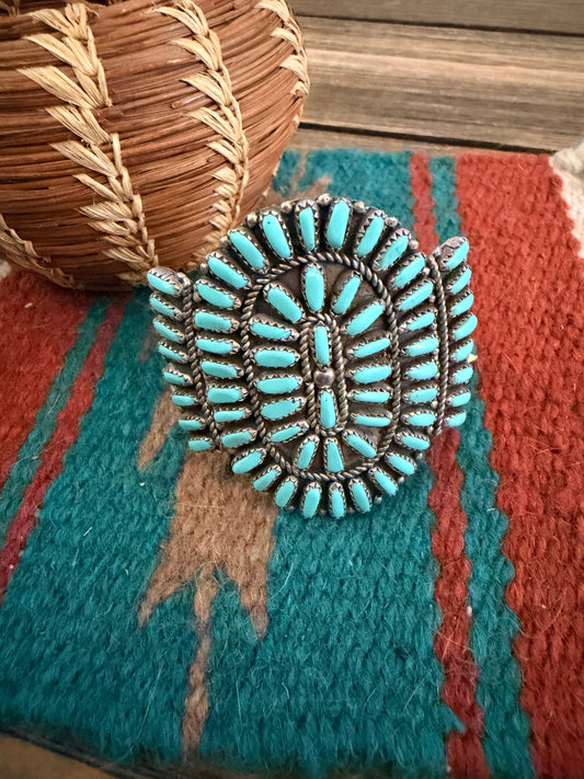 Handcrafted Old Pawn Sterling Silver & Turquoise Cluster Cuff Bracelet