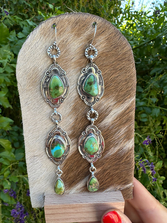 Handmade 3 Stone Sonoran Mountain Turquoise and Sterling Silver Dangle Earrings
