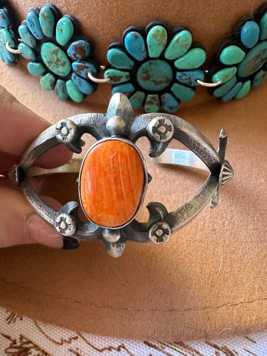 Handcrafted Single Stone Orange Spiny & Sterling Silver Cuff Bracelet by Chimney Butte