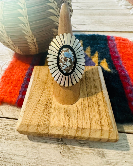 Handcrafted Golden Hills Turquoise & Sterling Silver Shadowbox Ring Size 6