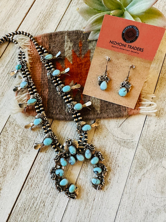 Handcrafted Golden Hills Turquoise & Sterling Silver Squash Blossom Necklace Set