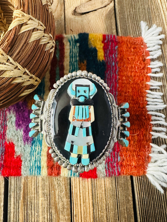 Handcrafted Old Pawn Sterling Silver & Multi Stone Inlay Kachina Cuff Bracelet
