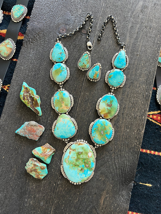 Massive Handcrafted Sterling Silver and Sonoran Mountain Turquoise Statement Necklace with Earrings by Talila Benally