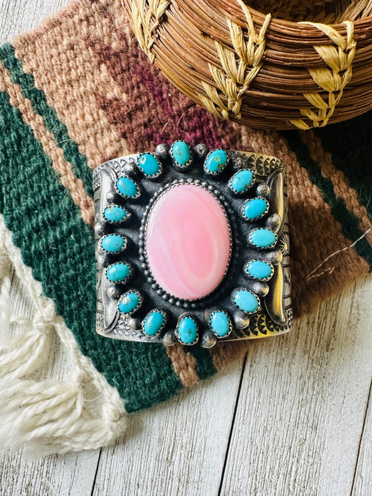 Sterling Silver, Turquoise & Queen Pink Conch Cuff Bracelet /