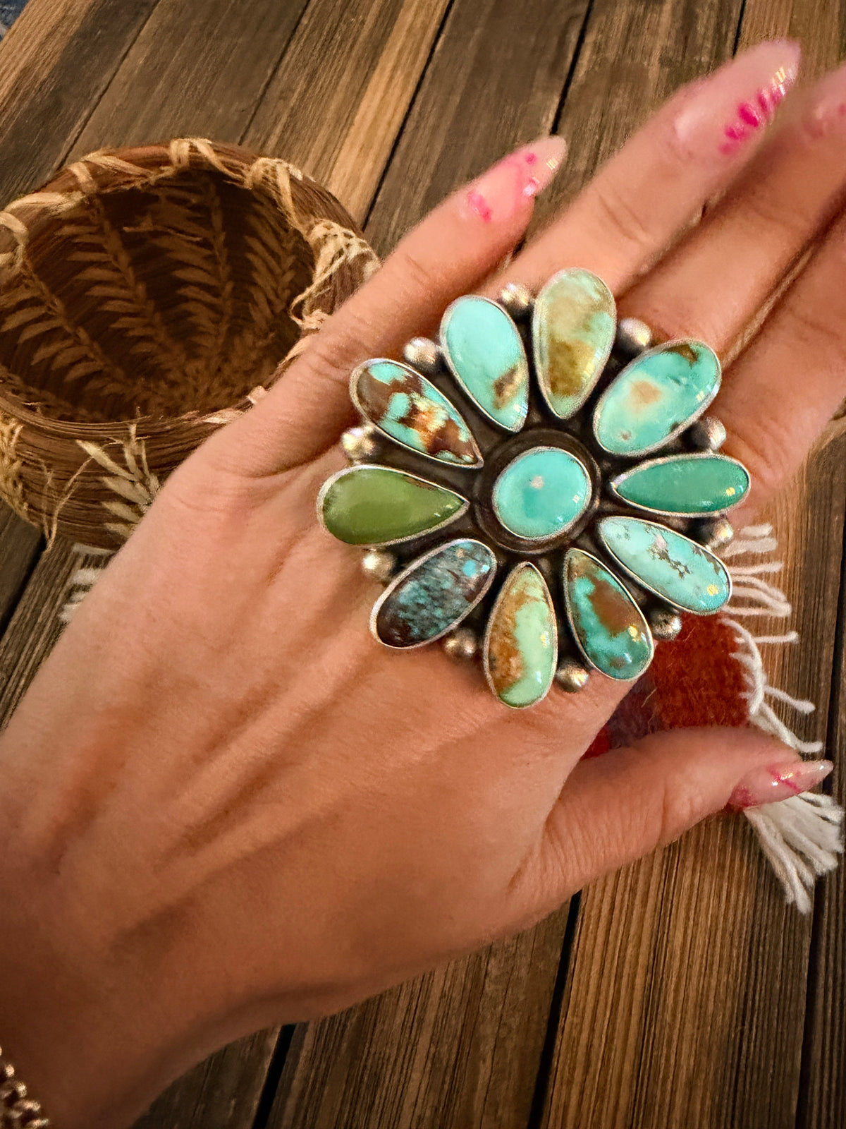 Handcrafted Multi Turquoise & Sterling Silver Cluster Ring Size 9 by Kathleen Livingston