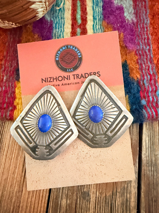 Handcrafted Old Pawn Sterling Silver & Lapis Clip On Earrings