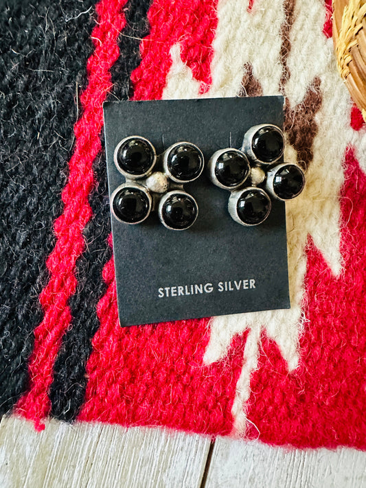 Handcrafted Sterling Silver & Black Onyx Cluster Post Earrings Signed