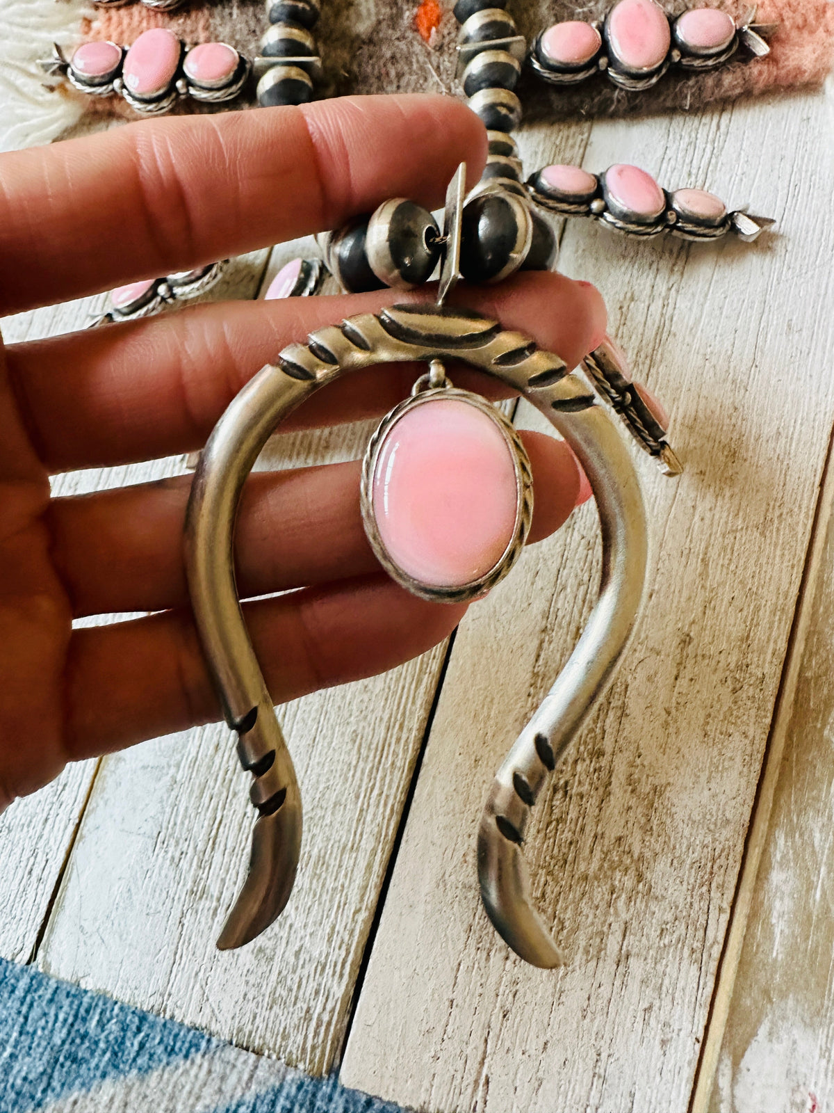 Handcrafted Sterling Silver & Queen Pink Conch Squash Blossom Necklace Set