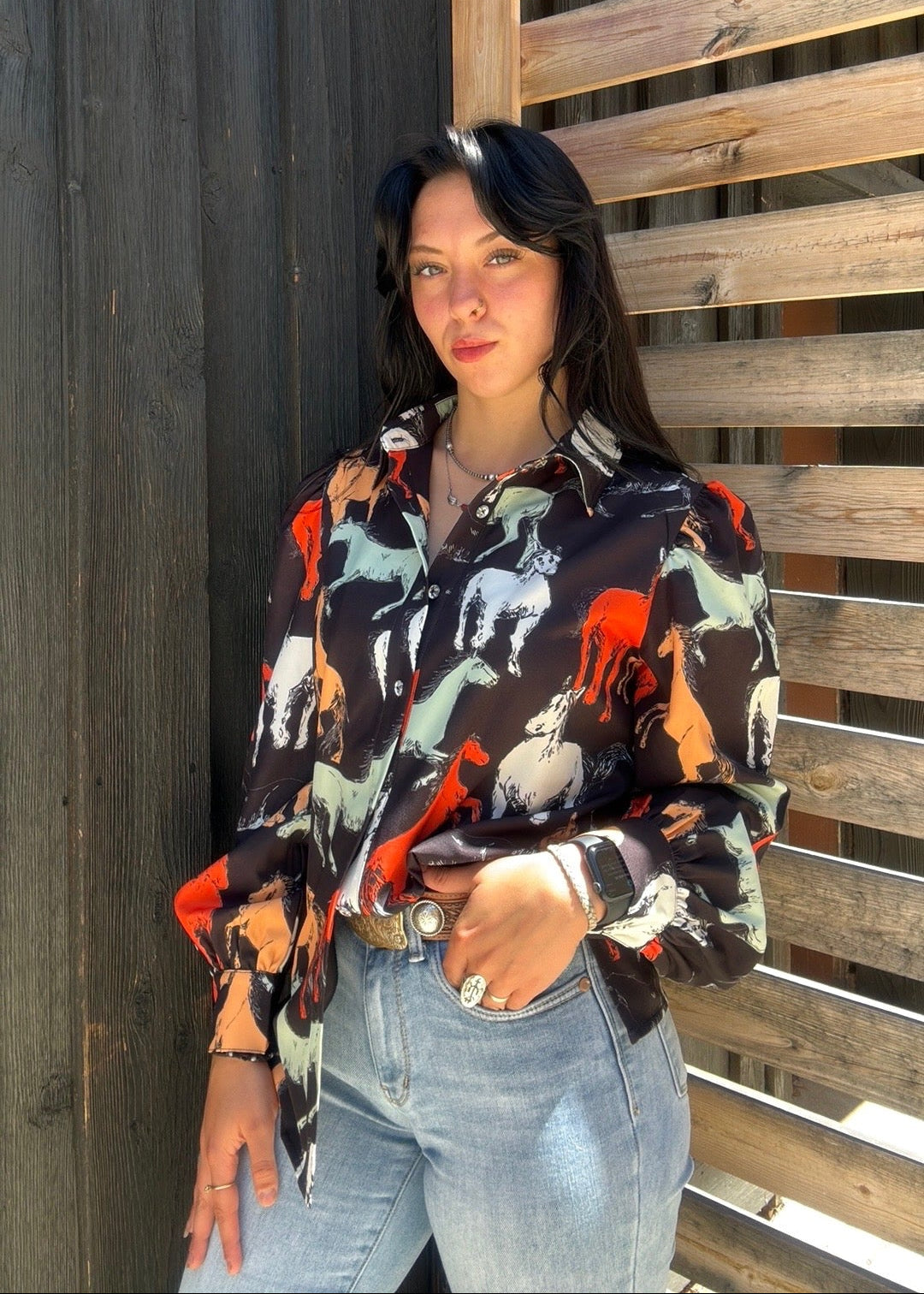 Off To The Races Horse Print Blouse - Black