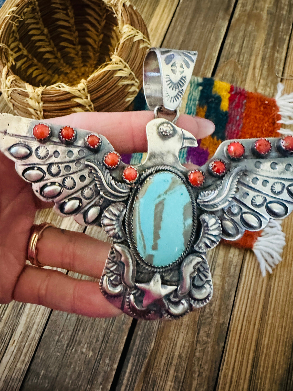 Handcrafted Turquoise, Coral & Sterling Silver Thunderbird Pendant by Richard Yazzie
