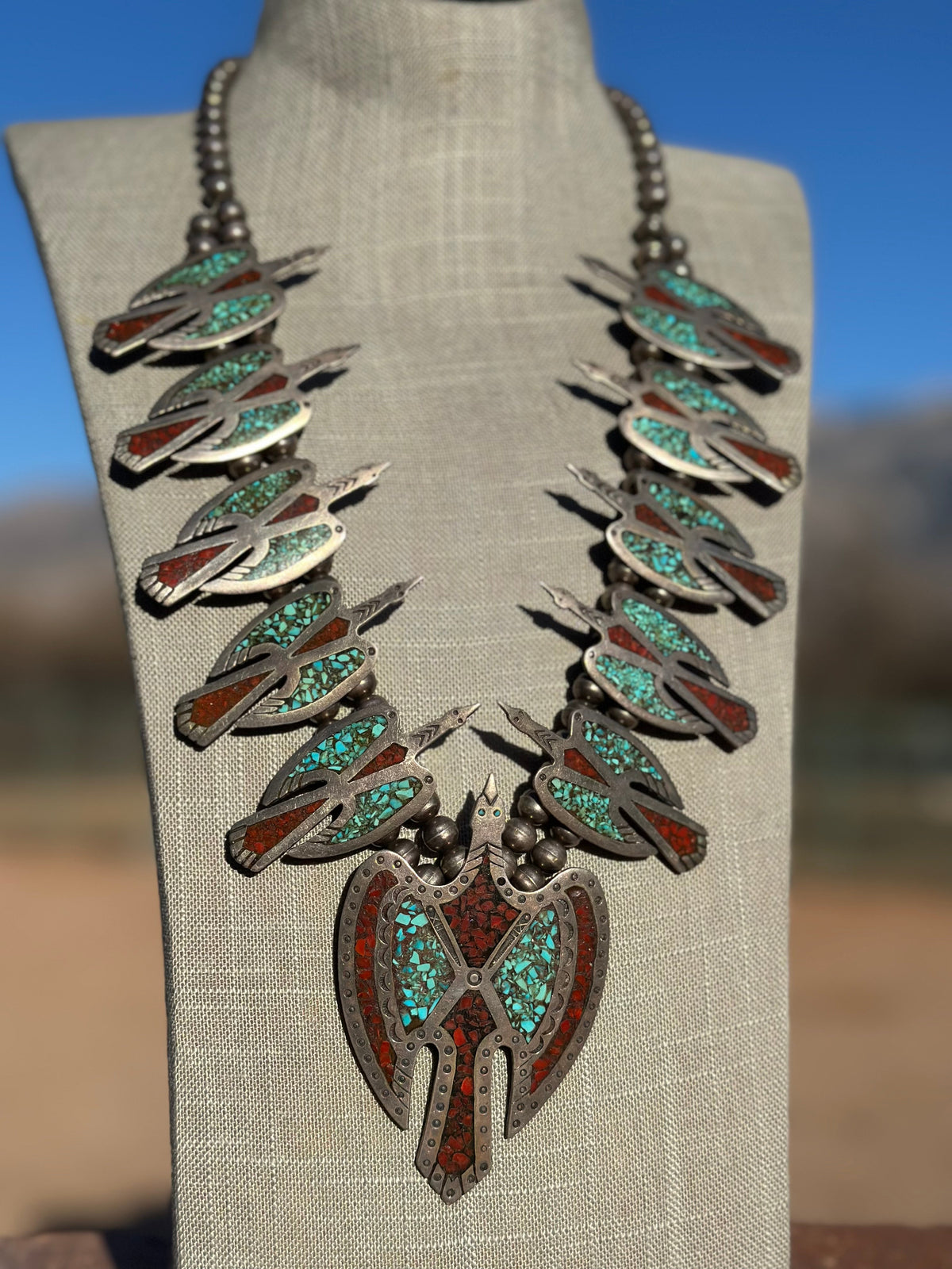 Estate Collection Old Pawn Handcrafted Turquoise & Coral Sterling Silver Chip Inlay Thunderbird Squash Blossom Necklace
