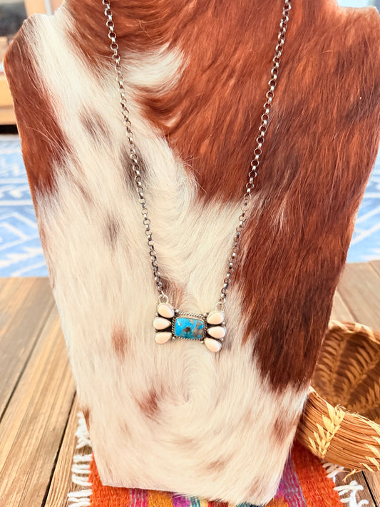 Handcrafted Queen Pink Conch, Turquoise & Sterling Silver Necklace