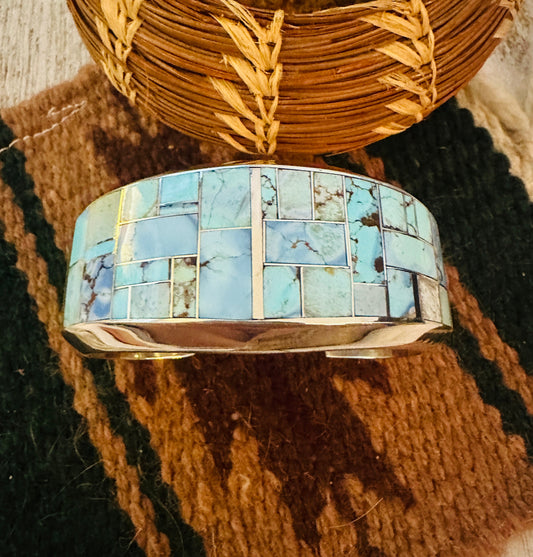 Handcrafted Sterling Silver & Golden Hills Turquoise Inlay Cuff Bracelet /